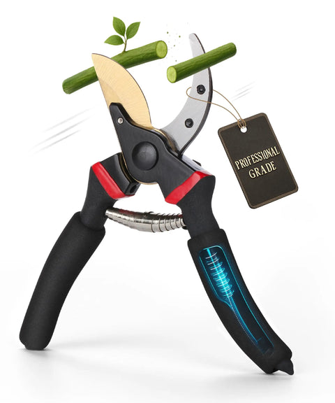 8 Inch Pruning Shears For Garden Use With Titanium Blade cutting branch, ergonomic non slip handles, pro grade design