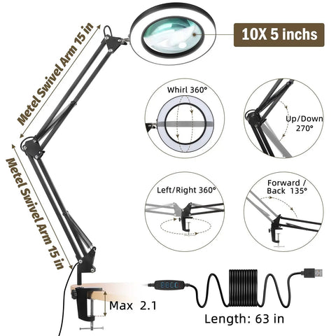 Pro Grade 10X 5 Inch Real Glass Magnifier With LED Light And Stand showing adjustable arm and swivel functions