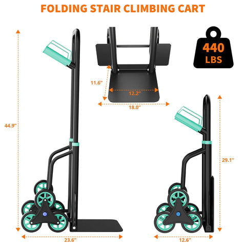 Stair Climbing Dolly Cart With Wheels 440 Lb Capacity, Folding Hand Truck For Stair Use, 2 In 1 Stair And Flat Mode With Triangular 6 Wheel System, Heavy Duty Steel Frame, Easy Push On Stairs, 44.9 in tall