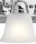 Close-up of a single satin etched glass shade part of a Five Light Bathroom Vanity Fixture, Traditional 36-Inch Bar With Satin Etched Glass Shades In Tannery Bronze, Over Mirror Lighting, Classic Vibe, Durable And Elegant Vanity Light For Modern Homes