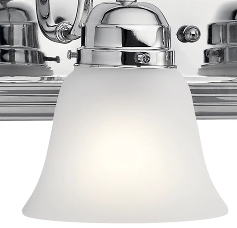 Close-up of a single satin etched glass shade part of a Five Light Bathroom Vanity Fixture, Traditional 36-Inch Bar With Satin Etched Glass Shades In Tannery Bronze, Over Mirror Lighting, Classic Vibe, Durable And Elegant Vanity Light For Modern Homes