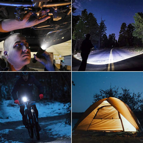 Scenes showing Rechargeable LED Flashlight With Zoomable Beam, 1000 Lumens Beast Bright used in various situations like camping and biking.