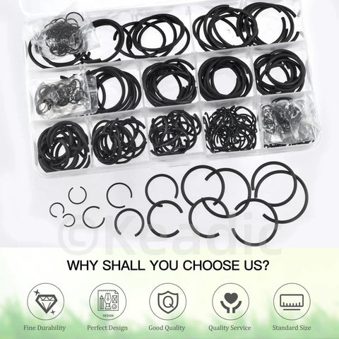 Assorted Round Wire C Clips Set For Holes, External Snap Rings Kit, 322 Pcs In 10 Sizes M7 To M30, 65Mn Steel in box