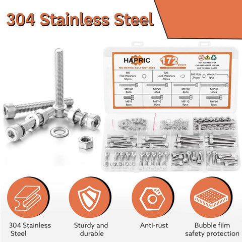 172 Piece M6 Screws Assortment Kit For DIY Projects And 3D Printers Including M6 Sizes 8mm to 35mm 304 Stainless Steel Hex Set