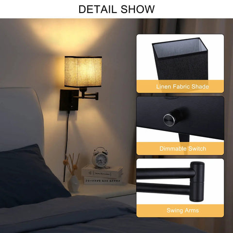 Set Of 2 Plug In Wall Lamps With Swing Arm Sconces, Dimmable Corded Lights, featuring linen fabric shade and dimmable switch details