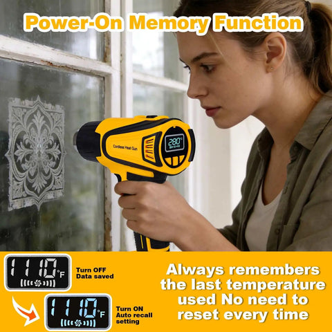 Person using cordless heat gun with adjustable temp 120F to 1110F LCD display, LED light for shrink tubing, tool only.