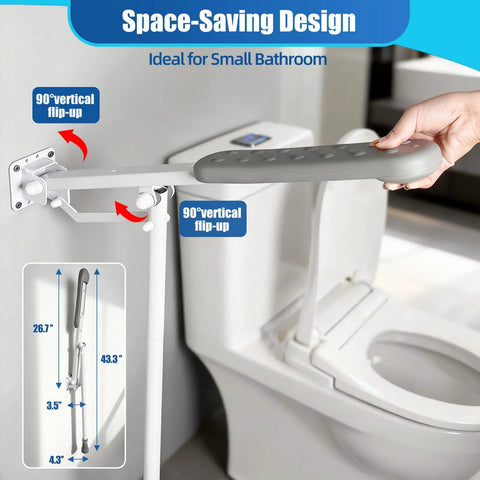 Heavy Duty Flip Up Toilet Grab Bar With Adjustable Length And Height Hella Stable Bathroom Safety Rail For Seniors Support Leg 660 Lb Capacity Anti Slip Handicap Handrail Built Like A Tank Grip with adjustable flip-up mechanism and rubber grip.