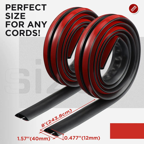 16 Ft Silicone Floor Cord Cover 2 Piece Set Cable Protector black cut to fit design coiled with red accents