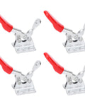 Four galvanized iron clamps with red handles from Pro Grade Quick Clench Clamp Toolkit And Thickened Tool Bag For Electricians Portable On The Go Clamp Set With Storage Case Durable Compact Blue Design For Tools Supplies And Accessories Easy Access For Busy Worksites arranged symmetrically