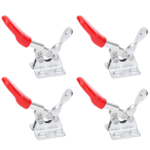 Four galvanized iron clamps with red handles from Pro Grade Quick Clench Clamp Toolkit And Thickened Tool Bag For Electricians Portable On The Go Clamp Set With Storage Case Durable Compact Blue Design For Tools Supplies And Accessories Easy Access For Busy Worksites arranged symmetrically