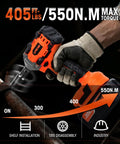 Heavy Hitter One Half Inch Cordless Impact Wrench Boasts 405 Ft Lbs Raw Torque With Silent Brushless Motor And 2800 Rpm Kick in use, featuring a sturdy grip and rotating head.