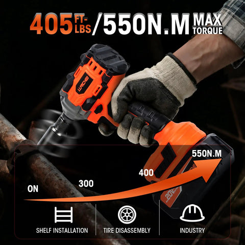 Heavy Hitter One Half Inch Cordless Impact Wrench Boasts 405 Ft Lbs Raw Torque With Silent Brushless Motor And 2800 Rpm Kick in use, featuring a sturdy grip and rotating head.
