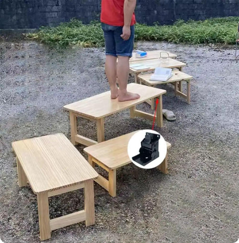 Series of wooden tables with a person standing on one, showcasing Two Pack 90 Degree Self-Locking Folding Hinge Lock Steel Foldable Bracket.
