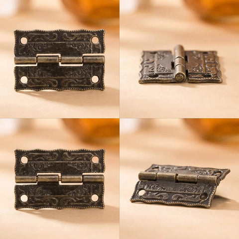 Antique Engraved Latch Hasp Hinges And Box Corner Protectors Hardware Kit close-up of vintage bronze rectangular hinge