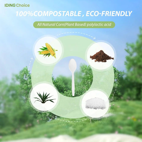 100% Compostable Heavy Duty Flatware Set, 200 Count No Plastic Spoons And Utensils For Lounge Parties Weddings Office BBQ Picnic Camping, BPA Free, Eco Friendly Cornstarch Based, Compostable Cutlery For Easy Cleanup diagram showing materials used