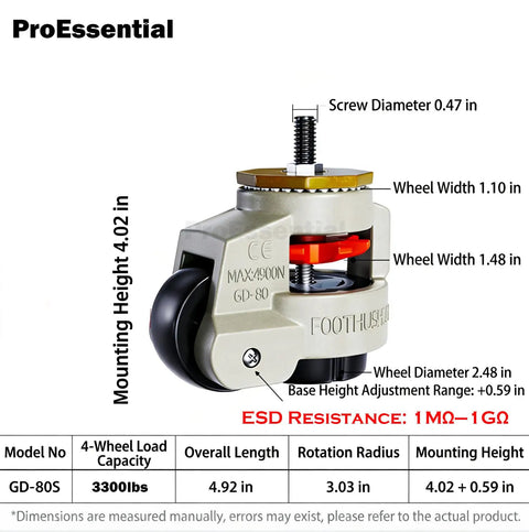 Premium ESD Safe Leveling Casters With 2.5 Inch Swivel Wheels, Anti Static Retractable M12 Stem, 3300 Lbs Rock Solid Capacity, Set Of Four Breezy Setup Units For Cnc Machines And Lab Tables