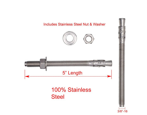 Three Eighths Inch By Five Inch Wedge Anchor 5 Pack Stainless Steel 304 Corrosion Resistant Commercial Grade With Washers And Nuts Included For Concrete And Marine Applications For Tough Projects shown with parts.