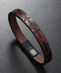 Premium Cross Woven Leather Bracelet Giving Sick Drip And Bold Flex, showcasing a brown cuff with cross motifs.