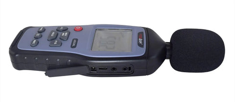 Side view of Digital Sound Level Meter And Noise Logger For Work And Home, Measures 30 To 130 dBA With 1.5 dB Accuracy, device buttons and display