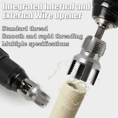 Close-up of Three Piece PVC Pipe Threader Kit For DIY Pros And Handy Folks Dual Function Internal And External Threading For One Half Inch Three Quarter Inch And One Inch Plastic Pipes Electric Drill Compatible Plumbing Tool Set For PVC PPR ABS Repair.