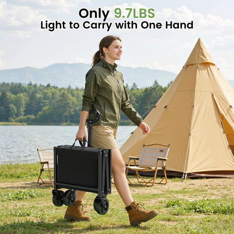 Heavy Duty Collapsible Wagon Cart That Hauls Up To 220Lb With All Terrain Wheels And 360 Degree Rotation Portable Utility Cart For Camping Beach Grocery Sports And Outdoor Shopping folded being carried by woman near tent