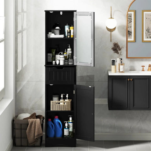 Zero Fuss Top Tier Heavy Duty Sixty Seven Inch Tall Bathroom Storage Cabinet Freestanding Linen Tower With Two Doors And One Drawer Five Tier Adjustable Shelves Slim Floor Organizer For Home Black