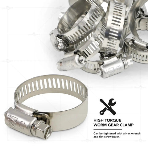 Adjustable Hose Clamps Set Three Quarters To One And A Half Inch Worm Gear Clamp Ten Pack Made Of 300 Grade Stainless Steel