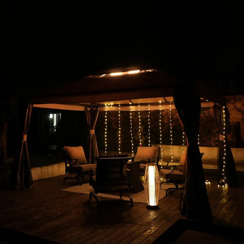 Outdoor Gazebo 10x13 With Mosquito Netting And Curtains, Weather Resistant Patio Canopy For Deck Backyard Garden And Lawn lit at night