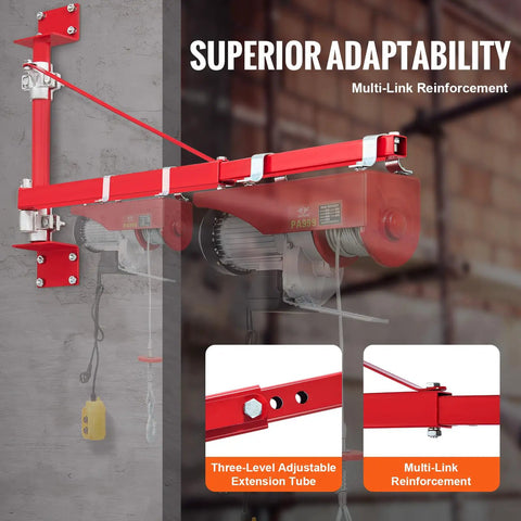 Beefy Heavy Duty Wall Mount Jib Crane for Electric Hoist, 660 lb max load, red steel frame, 180-degree swivel swing arm