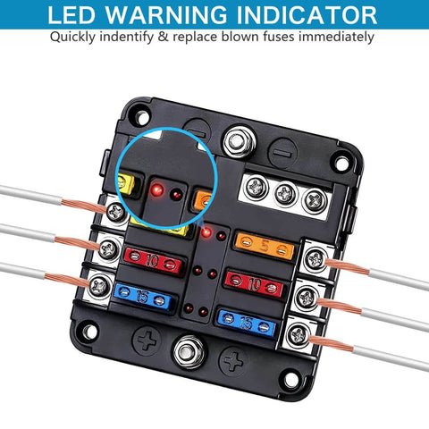 Close-up of Six Way Fuse Block for 12V and 24V Vehicles with Six Circuit ATC ATO Waterproof Fuse Box Holder LED Indicator and Weatherproof Cover