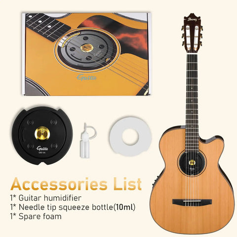 2 In 1 Acoustic Guitar Humidifier With Soundhole Cover, GHD-04 black round unit with bottle and foam on acoustic guitar