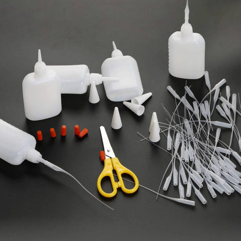 300 Piece CA Glue Micro Tip Set With Precision Applicator And Glue Bottle For DIYers Hobbyists And Crafters Pro Grade Lab Dispensing And Adhesive Dispensers Fine Point Tips Durable Bottles including bottles, tips, and scissors.