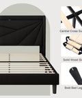 Queen Size Upholstered Bed Frame With Built In Charging Station, Black Linen Platform Bed featuring solid wood slats and central support.