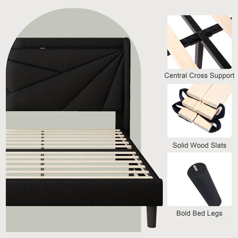 Queen Size Upholstered Bed Frame With Built In Charging Station, Black Linen Platform Bed featuring solid wood slats and central support.