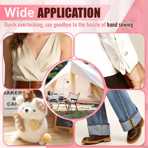 Handheld Stitch Gun For Quick Clothing Fixes No Threading No Electricity Portable Repair Tool showing various fabric repairs
