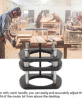 DIY Aluminum Router Lift Table Base With Four Jaw Clamps For Woodworking, Easy Install, Adjustable Lift Up To 51mm, Fits Router Spindle Diameters 64mm To 66mm, Ideal For Small Trimming Machines. Aluminum router lift base with crank handle on woodworking bench