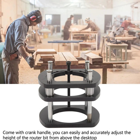 DIY Aluminum Router Lift Table Base With Four Jaw Clamps For Woodworking, Easy Install, Adjustable Lift Up To 51mm, Fits Router Spindle Diameters 64mm To 66mm, Ideal For Small Trimming Machines. Aluminum router lift base with crank handle on woodworking bench