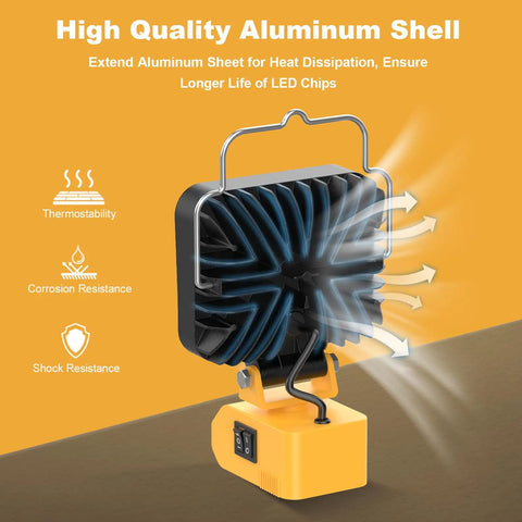 54W LED Work Light Cordless Flood Light with 7600 Lumens and 3800 Lumens Dual Brightness Mega Bright 150 Degree Pivot Head and 270 Degree Base USB Type C Charger Port Portable Workshop Camping Outdoor Lighting showing aluminum shell with cooling features.