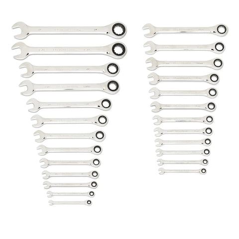 25 Piece Combination Ratcheting Wrench Set With Off Corner Loading For Better Grip And Reduced Fastener Rounding, arranged in two columns