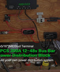 Two Pack 300 Amp Battery Bus Bar For 12-48V DC Systems, Heavy Duty Copper Power Distribution Block With Four M8 Terminals, Eight Screws, Waterproof Cover, Ideal For Automotive RV Marine Truck installed in wired panel