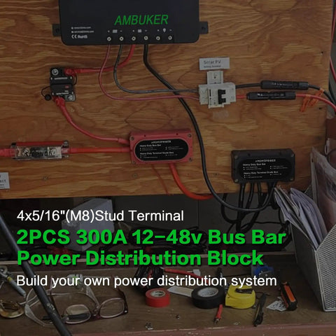 Two Pack 300 Amp Battery Bus Bar For 12-48V DC Systems, Heavy Duty Copper Power Distribution Block With Four M8 Terminals, Eight Screws, Waterproof Cover, Ideal For Automotive RV Marine Truck installed in wired panel