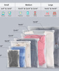 Multiple frosted plastic clothing bags with zipper closure, various sizes, ideal for shipping and travel storage for clothes and documents