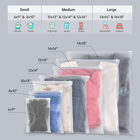 Multiple frosted plastic clothing bags with zipper closure, various sizes, ideal for shipping and travel storage for clothes and documents