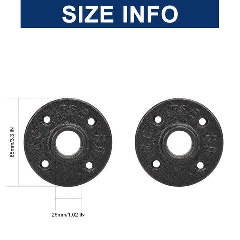 Straight Up Heavy Duty Black Pipe Flange Fitting Set For Wall Mount Towel Bar, Vintage Rustic Farmhouse Decor, size info of flanges.