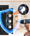 Close-up of a safe door with 3x22mm bolts resisting a drill, showcasing durability and security features, 1.2 Cubic Personal Home Safe Box Fireproof And Waterproof With Removable Shelf Beefed Up Tough As Nails Heavy Duty Steel Anti Theft Safe For Money Jewelry Documents Medicine And Firearms Includes Fireproof Bag And Solid Bolts.