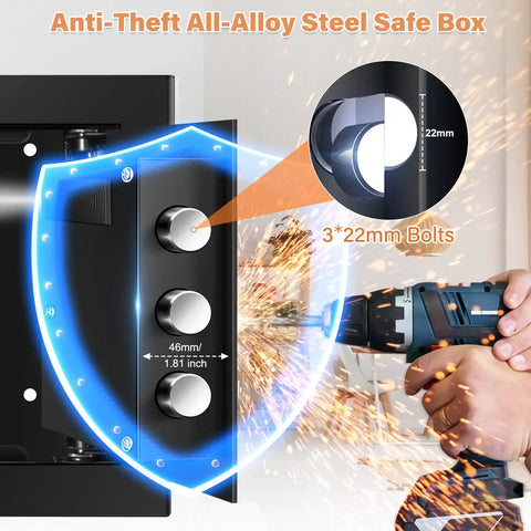 Close-up of a safe door with 3x22mm bolts resisting a drill, showcasing durability and security features, 1.2 Cubic Personal Home Safe Box Fireproof And Waterproof With Removable Shelf Beefed Up Tough As Nails Heavy Duty Steel Anti Theft Safe For Money Jewelry Documents Medicine And Firearms Includes Fireproof Bag And Solid Bolts.