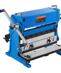 Front view of blue 12 Inch 3 In 1 Sheet Metal Brake Shear Roll Machine with 20 Gauge Capacity for bending, shearing, and rolling tasks.