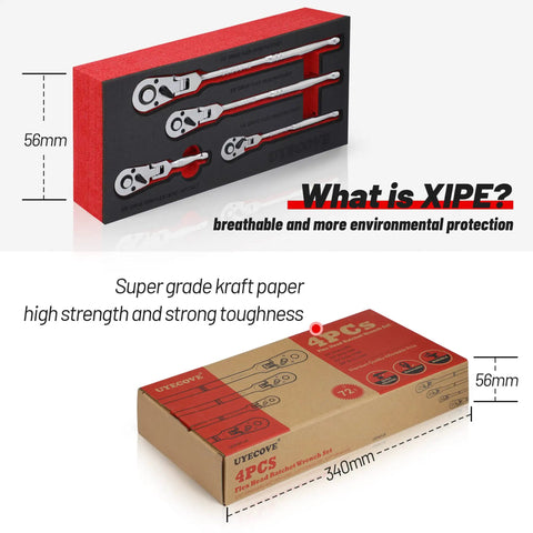 Four Piece Inch Drive Ratchet Set with Flexible Head and Quick Release in packaging, showcasing sizes and protective material.