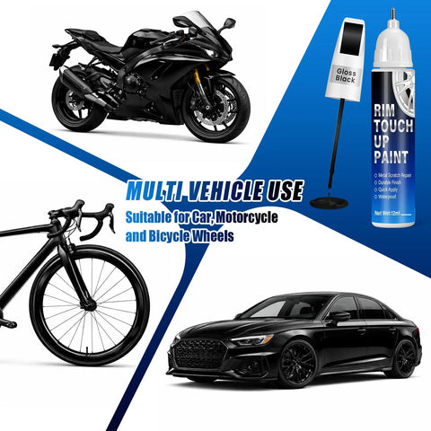 Gloss Black Rim Touch Up Paint Kit With 2 In 1 Brush And Tip, 0.4 Fl Oz, for car, motorcycle, and bicycle wheel repair