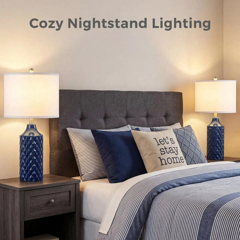 Set Of 2 Modern Ceramic Table Lamps Navy Blue Diamond Texture Farmhouse Vibe 25 Inch Nightstand Lamps For Bedroom And Living Room 3 Way Dimmable With Bulbs Included Stain Resistant Finish Weighted Base on bedroom nightstands
